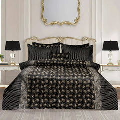 Luxury Satin Silk Jacquard Bed Sheet - 7 Pcs Black King Size Bridal Set