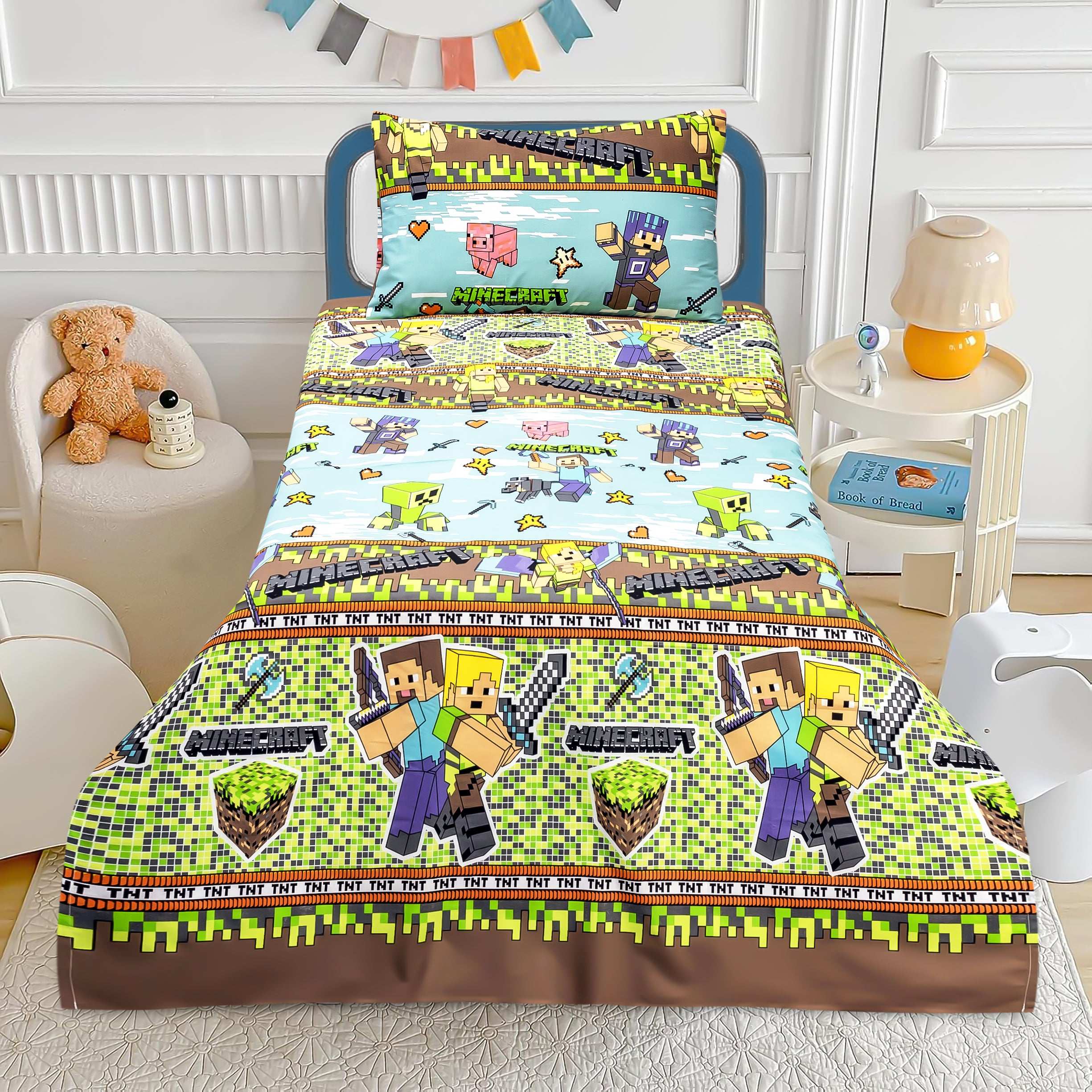 Alezam Store Cotton Bed Sheet for Kids with Minecraft Print and Pillow Cover
