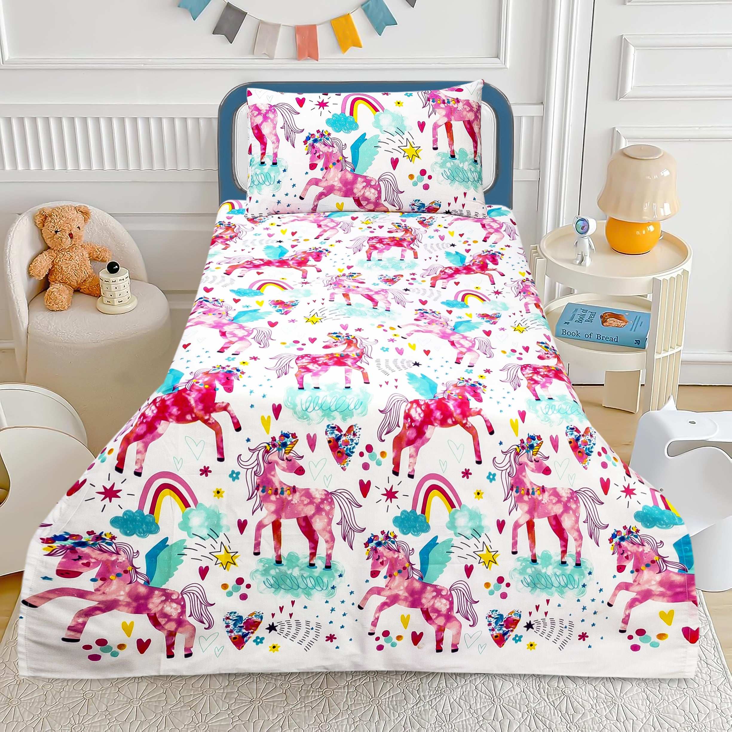 Unicorn Kids Cotton Bed Sheet with Pillow Cover by Alezam Bedding Store