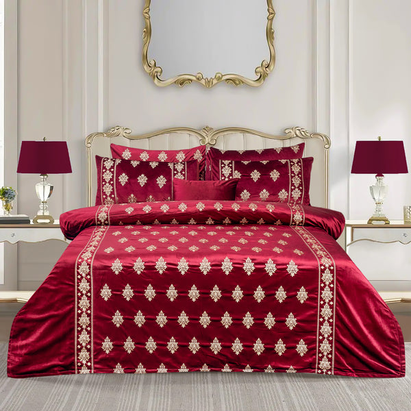 King size 6 pcs Quilted Embraided Velvet bedding set Red