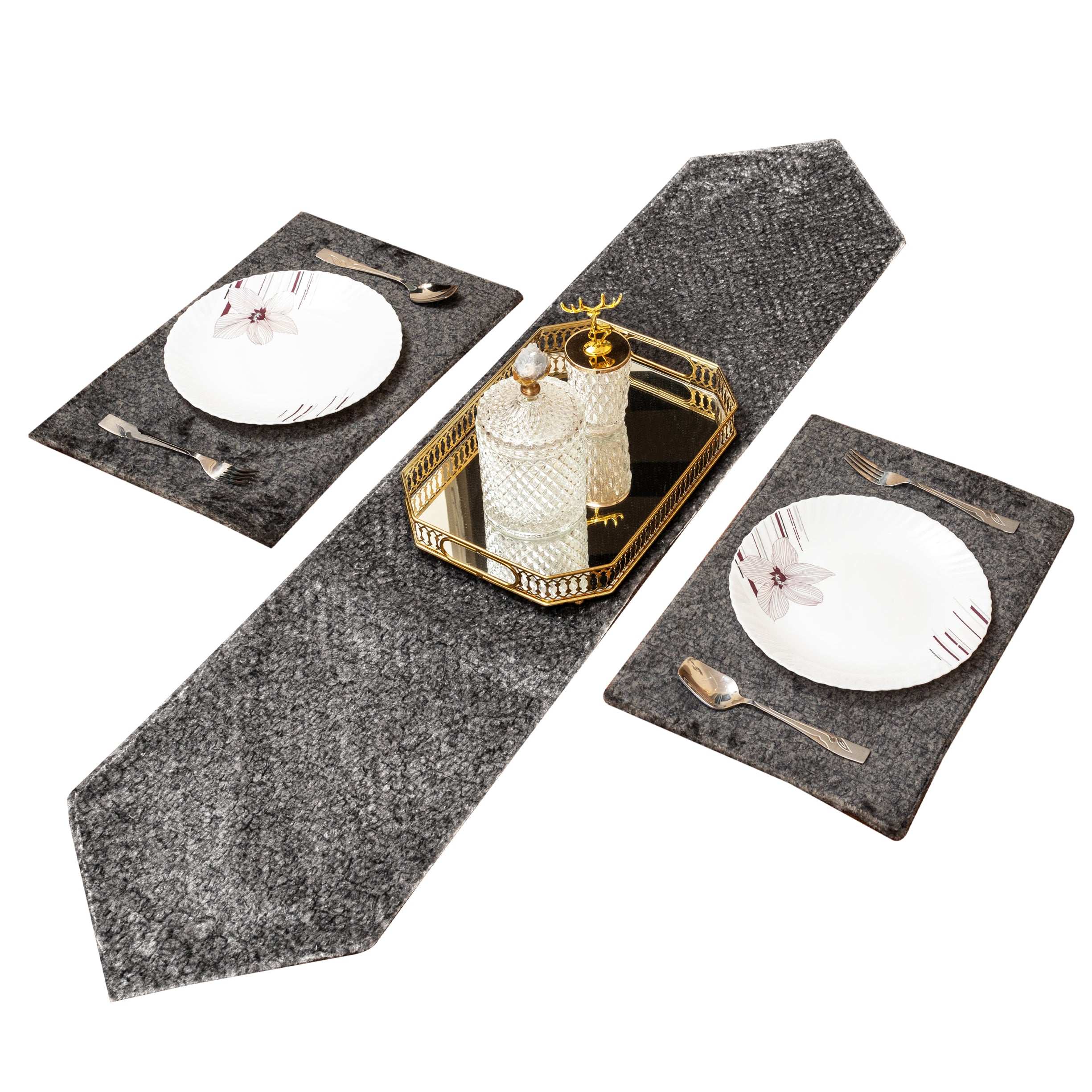 3 Piece Velvet Table Runner Set with Mats for Dining Table