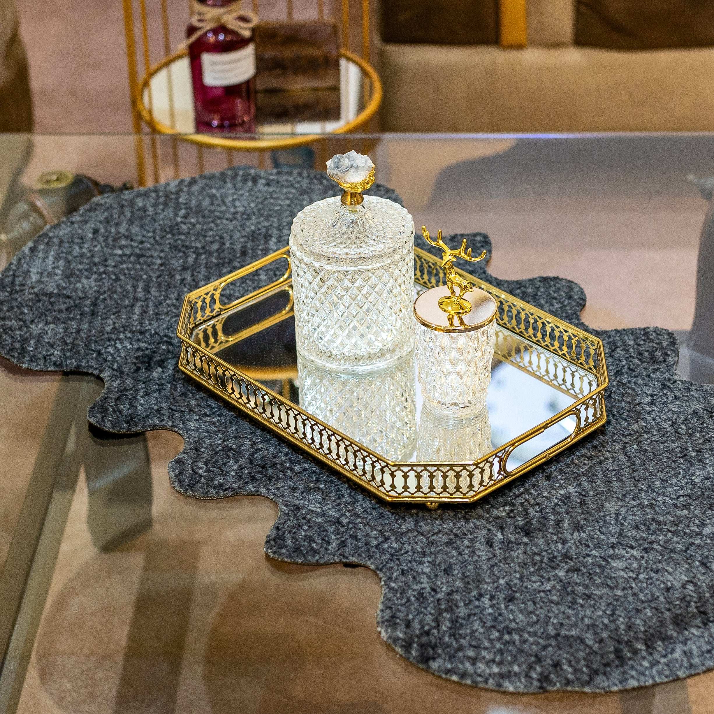 Premium Dark Gray Rabbit Fur Center Table Runner – Leather Base by Alezam