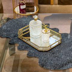 Premium Dark Gray Rabbit Fur Center Table Runner – Leather Base by Alezam