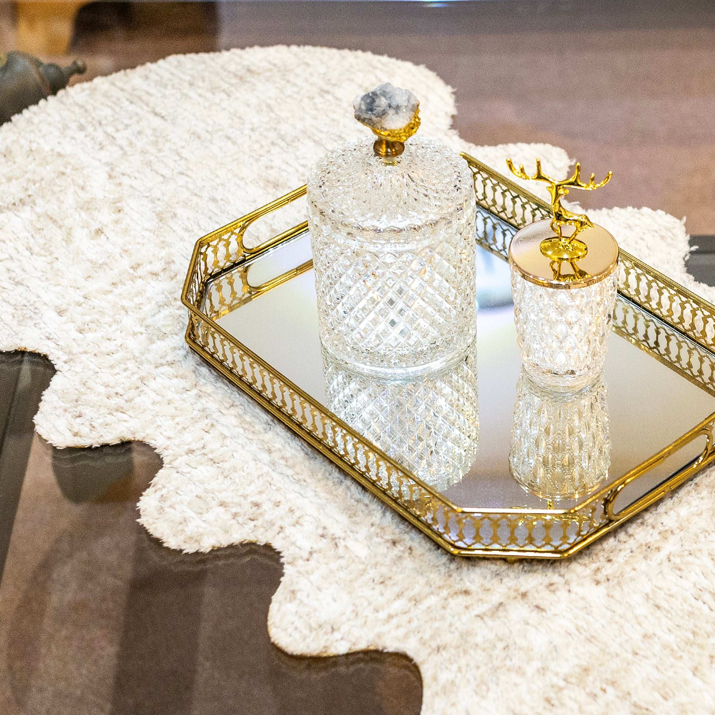 Premium Off-White Rabbit Fur Center Table Runner with Leather Bottom by Alezam