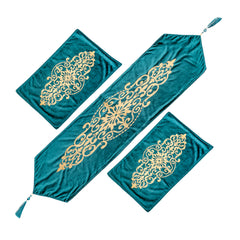 Luxury Printed Velvet Table Runner Set of 3 Pieces-Sea Green