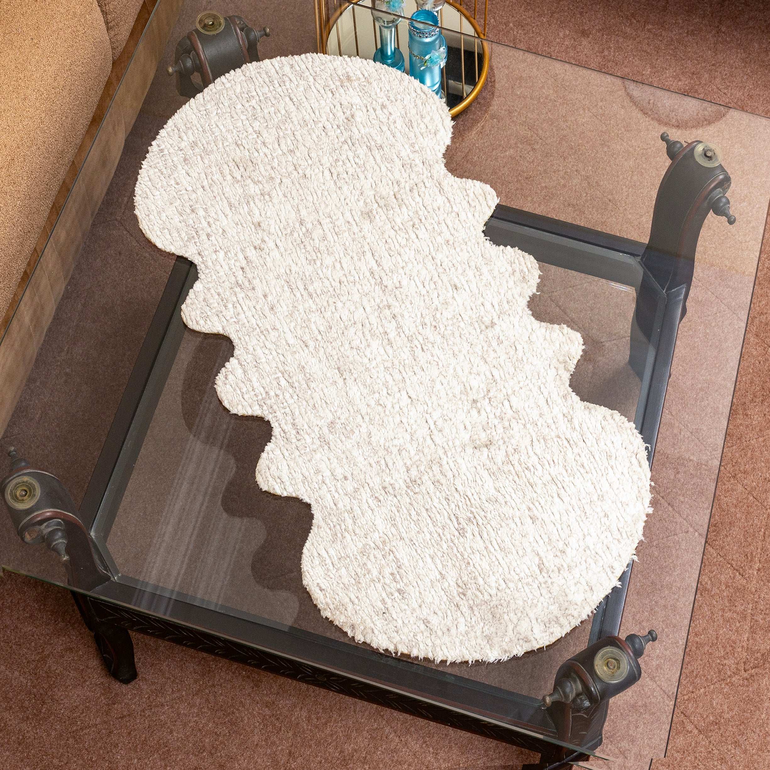 Premium Off-White Rabbit Fur Center Table Runner with Leather Bottom by Alezam