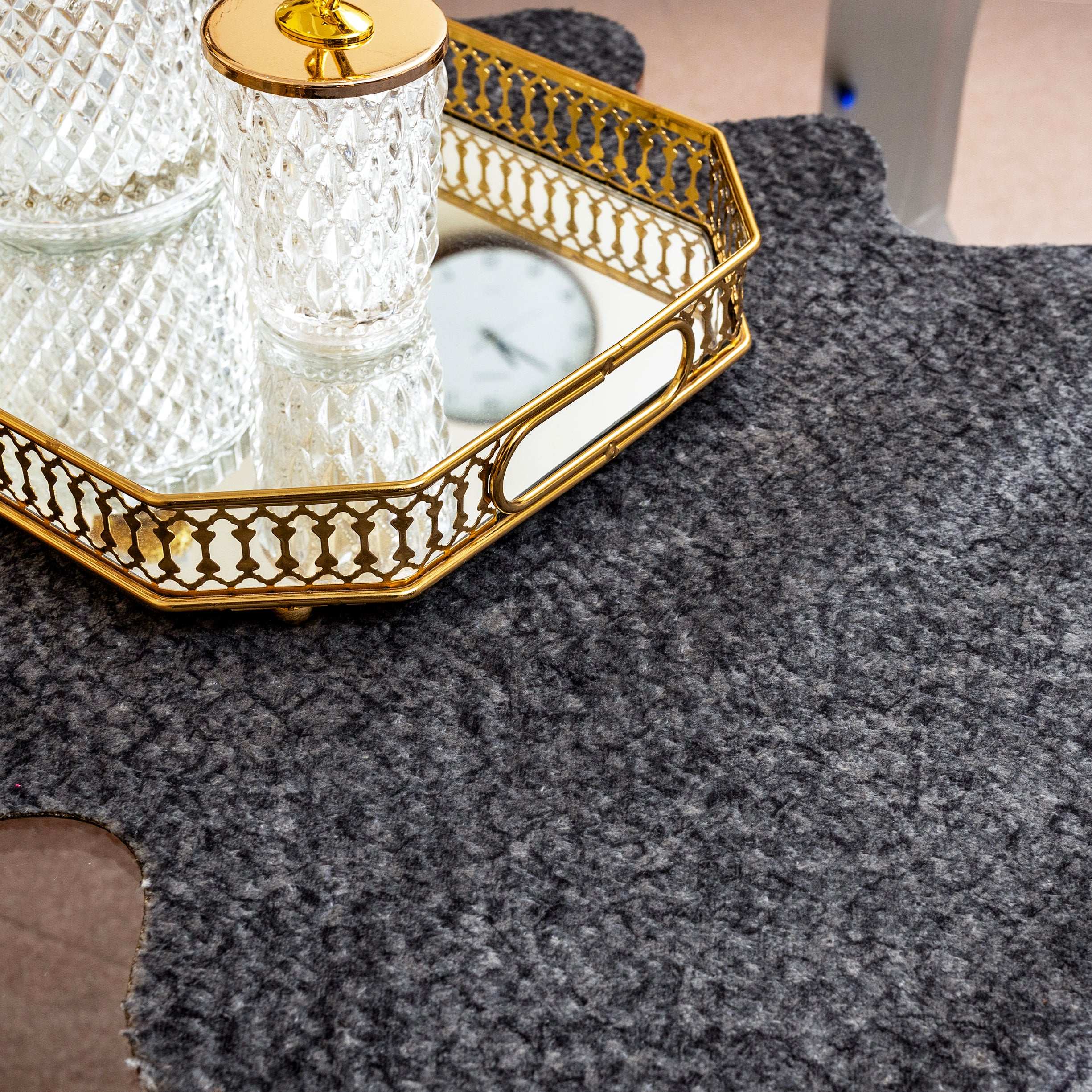 Premium Dark Gray Rabbit Fur Center Table Runner – Leather Base by Alezam