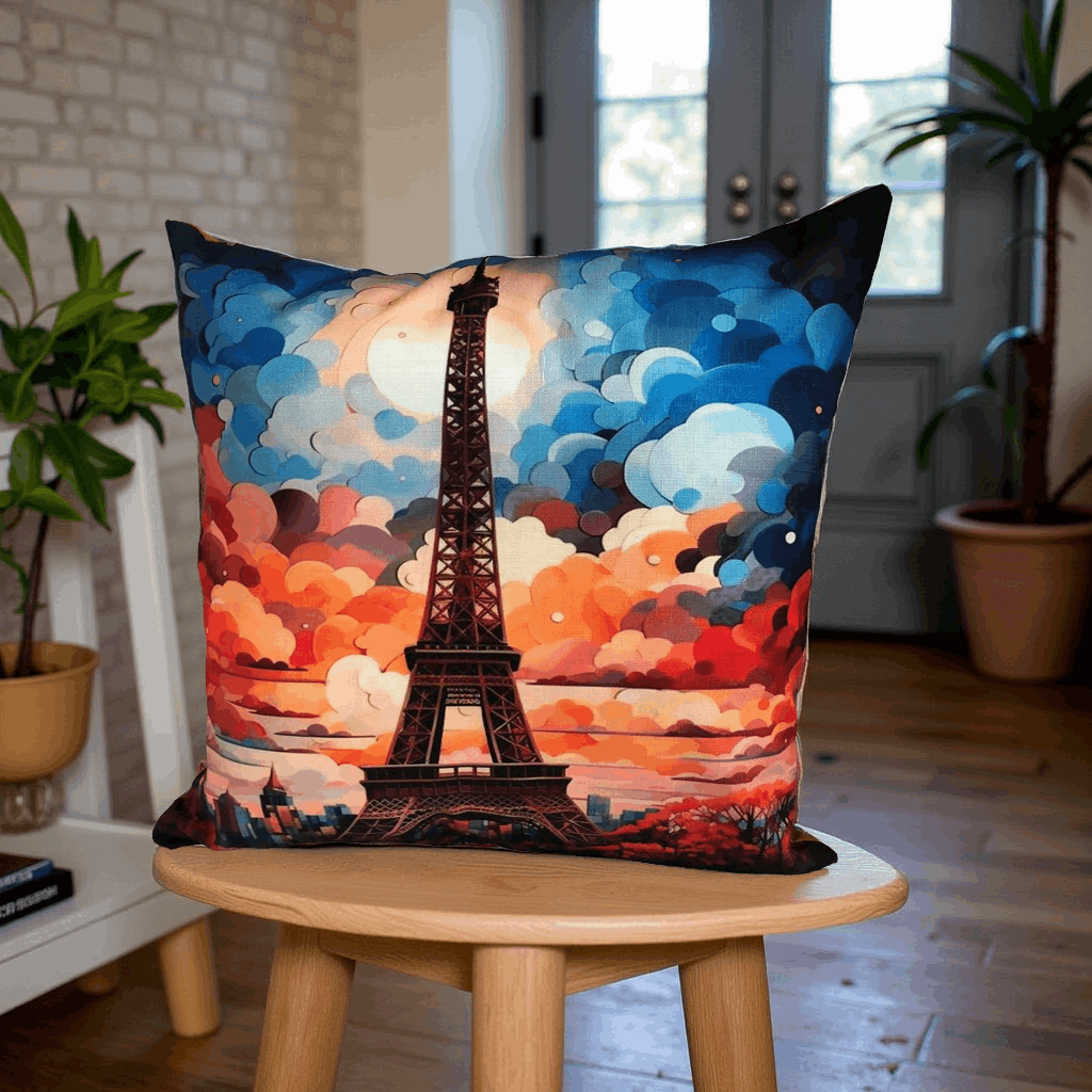 Eiffel Tower Digital Print Cushion Cover 16x16 Inches Paris Theme Design