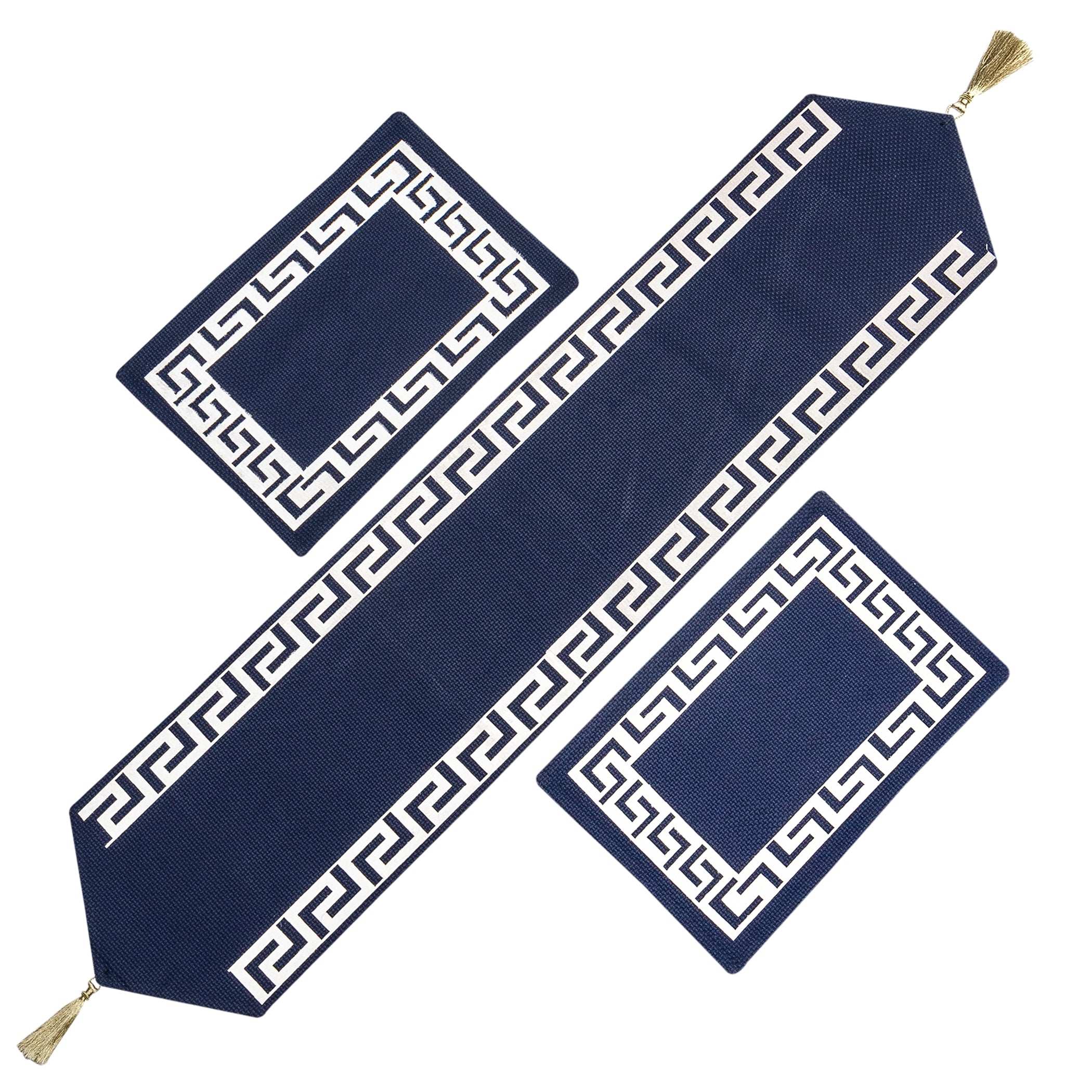 Premium Jute Laser Applique Work Blue Table Runner 3 Pcs Set