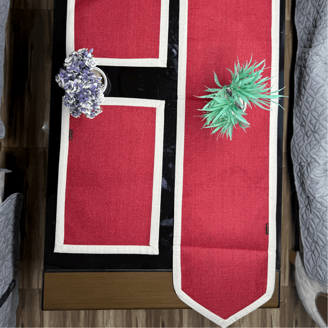 Premium Red Jute Border Style 03 Pcs Table Runner Set by Alezam
