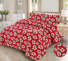 Red Floral Print Quilted Bedsheet Set 3 Pc by Alezam