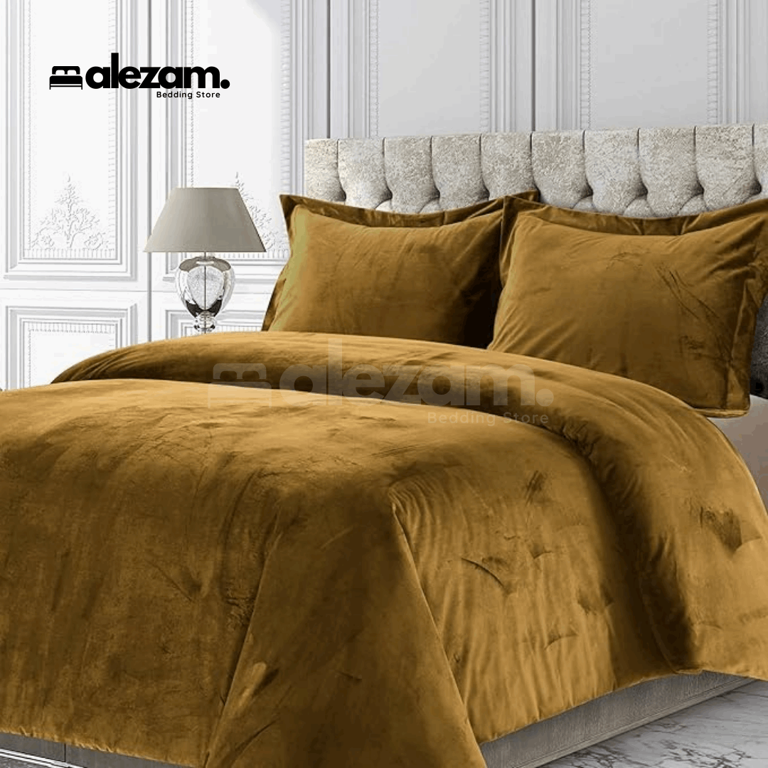 Alezam 3-Pcs King Size Camel Brown Velvet Duvet Cover Set
