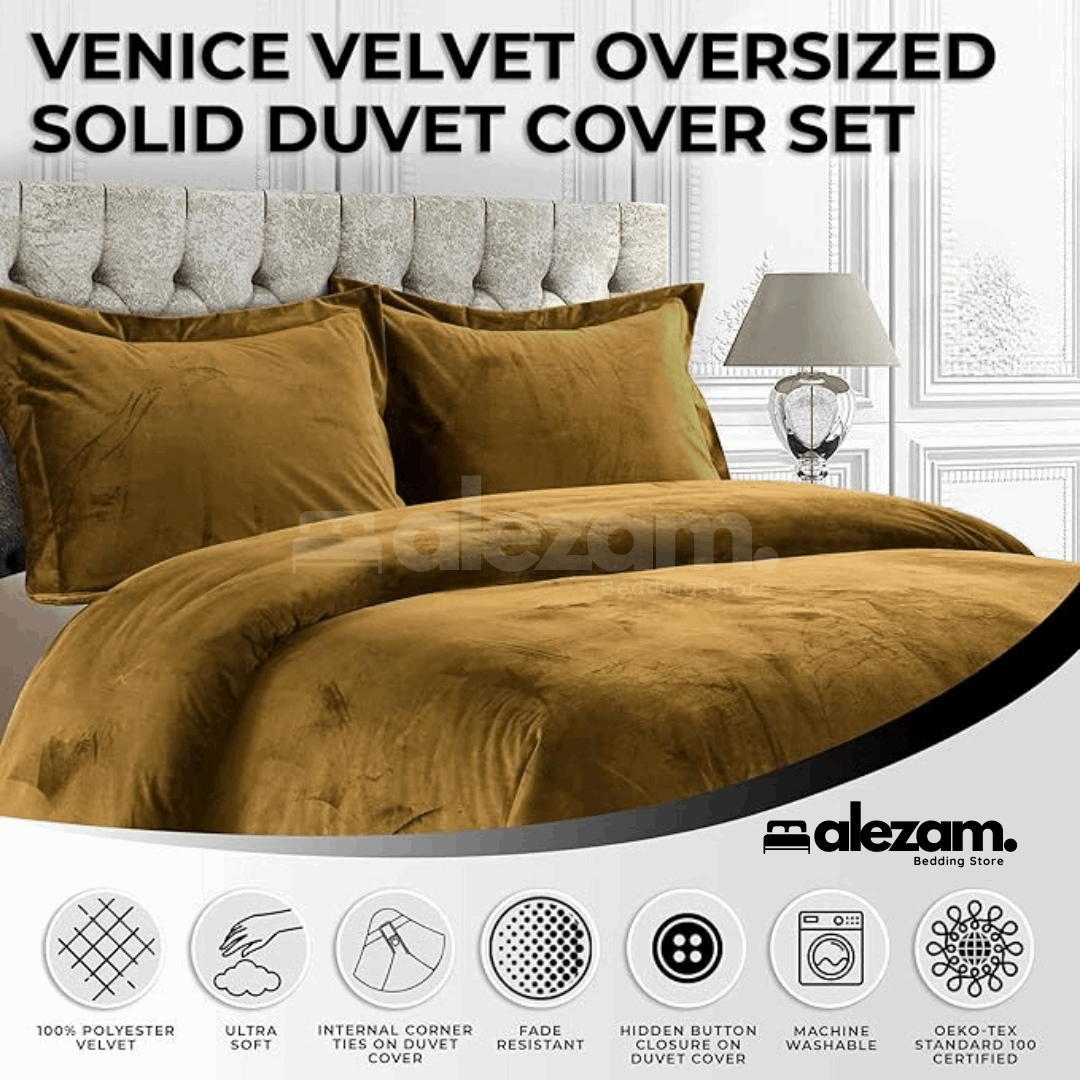 Alezam 3-Pcs King Size Camel Brown Velvet Duvet Cover Set