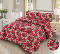 3 Pc Red Rose Print Quilted Bedsheet Set by Alezam