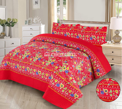 3 Pc Quilted Red Multi Floral Print Bedsheet Set