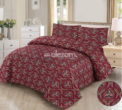 3 Pc King Size Quilted Bedsheet Maroon Paisley Motif Print