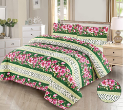 Green Stripe Pink Flower 3 Pc Quilted Bedsheet Set