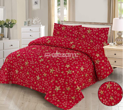 3 Pc Red Gold Star Pattern Quilted Bedsheet Set