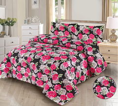Black Pink Rose 3 Pcs Quilted Bedsheet by Alezam Bedding