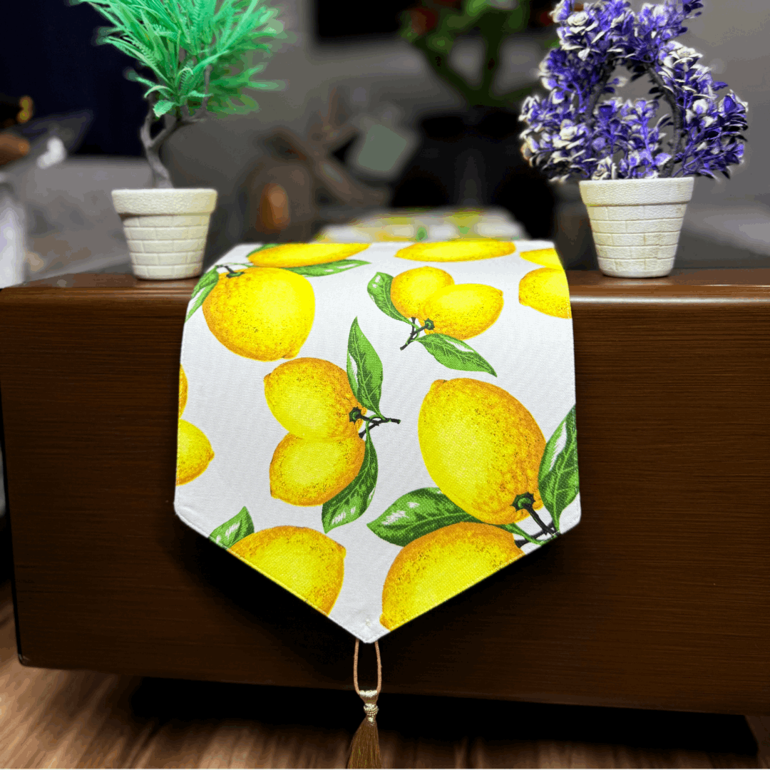 Luxury Lemon Print Table Runner with Elegant Tassel Finish - 09 PCS Set
