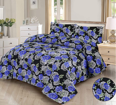 3 Pc Quilted Bedsheet Set Black Blue Rose Print