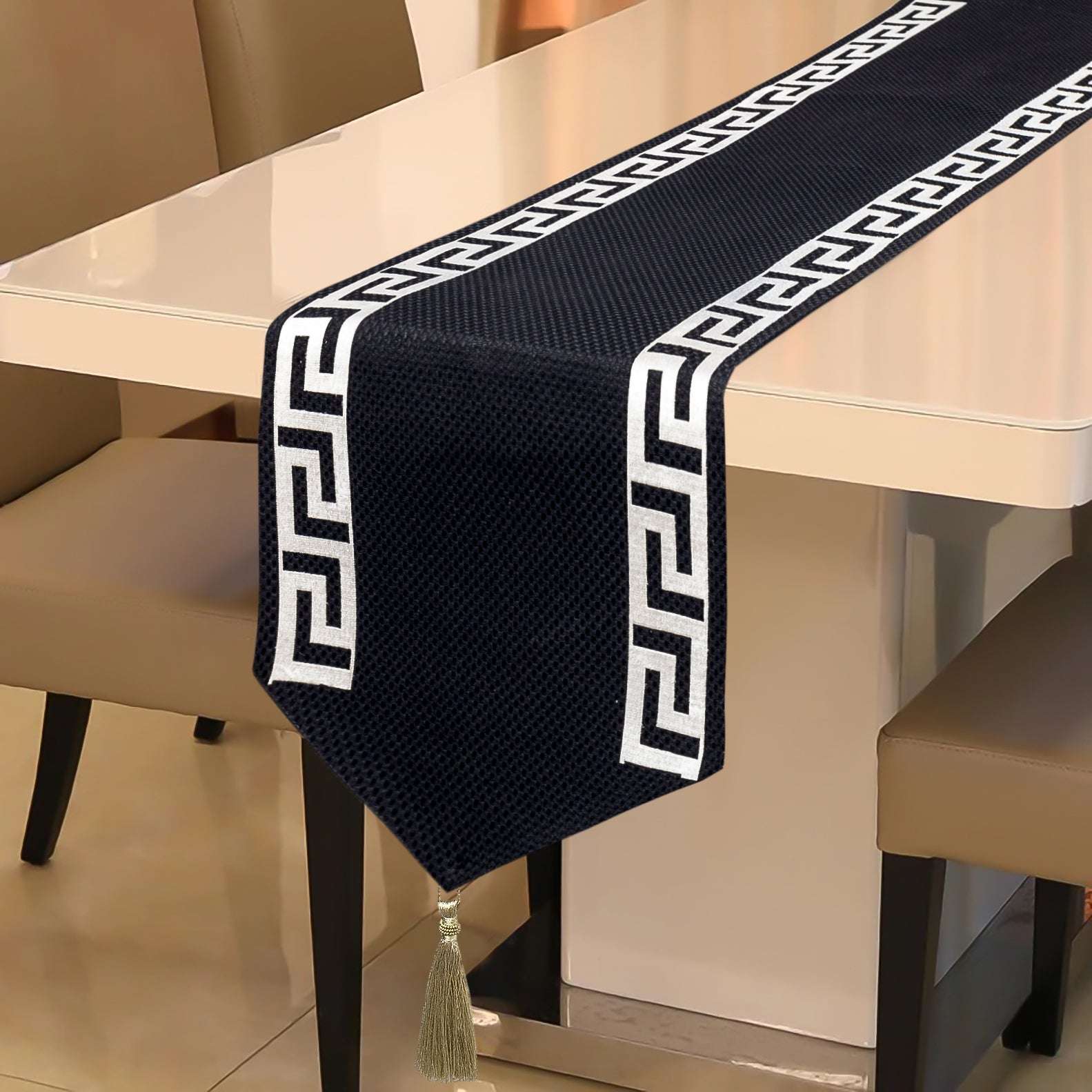 Premium Jute Laser Applique Work Black Table Runner 3 Pcs Set