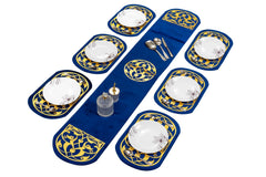 Luxury Royal Blue Velvet Table Runner and Dining Mat Set 7 Pieces by Alezam