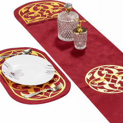 Luxury Maroon Velvet Dining Table Runner and Mat Set 3 Pieces
