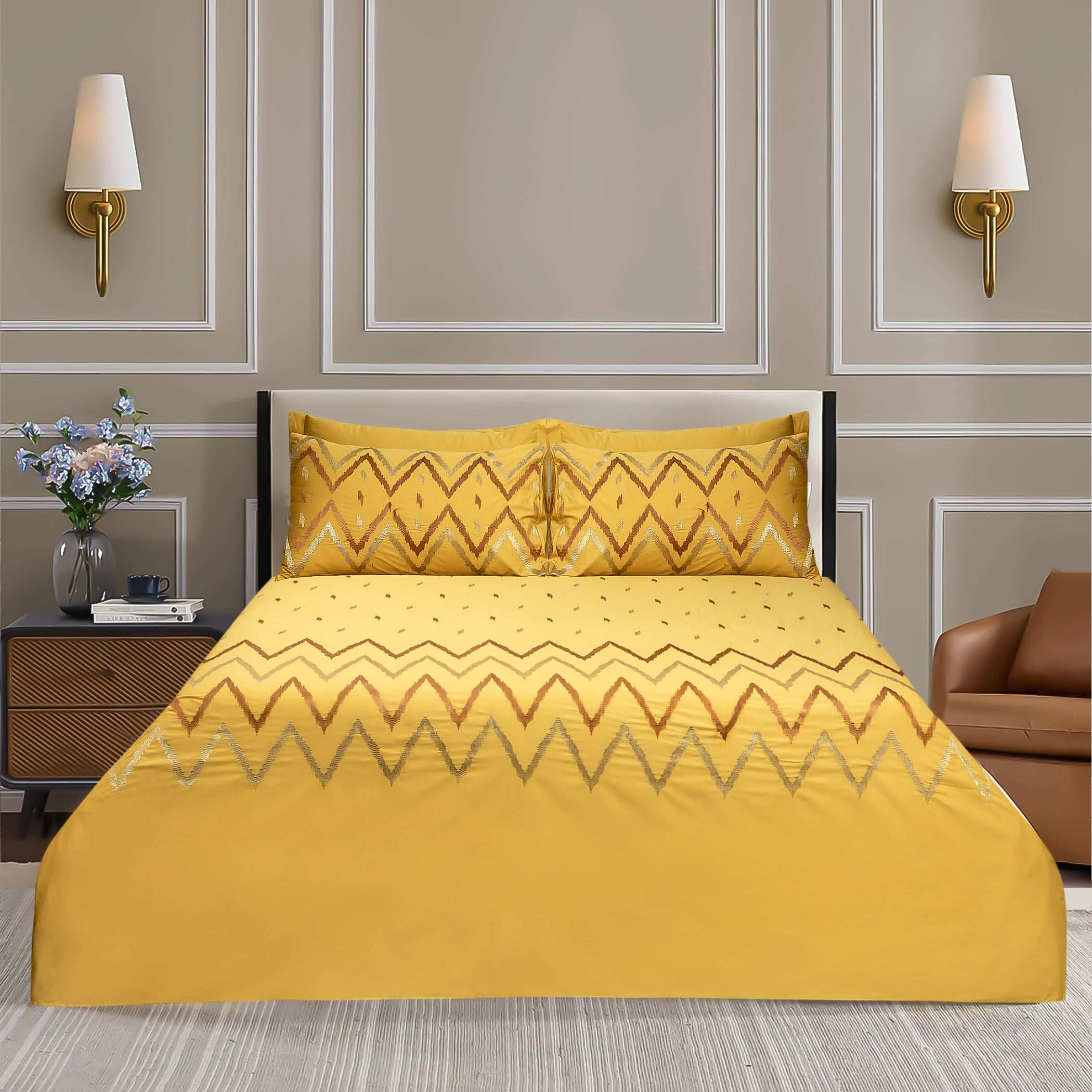 King Size Embroidered Cotton Bed Sheet with 4 Pillow Covers