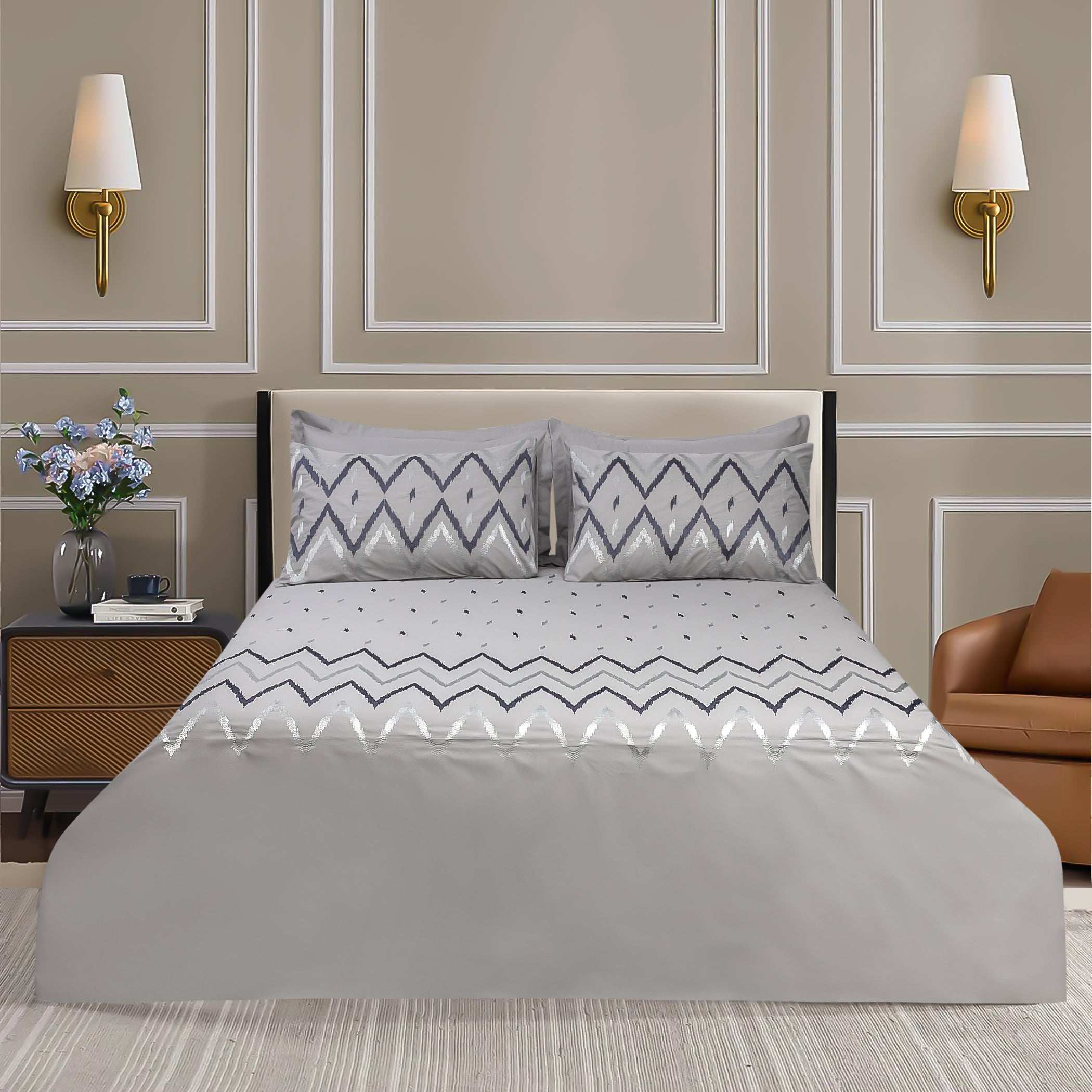 Alezam 05 Pcs Cotton Bed Sheet Set Embroidered King Size with Pillows