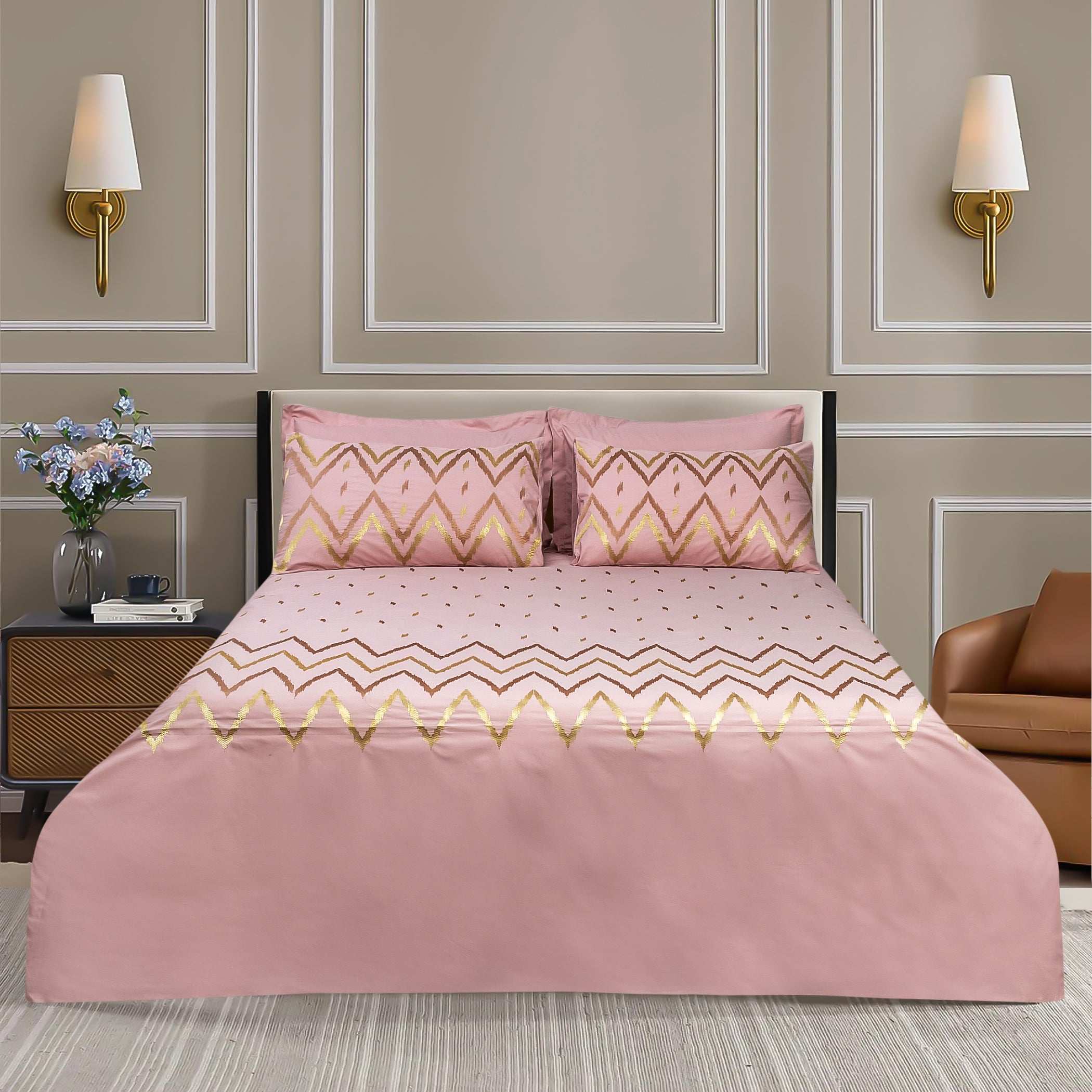 Embroidered Cotton Bed Sheet Set King Size with 4 Pillows