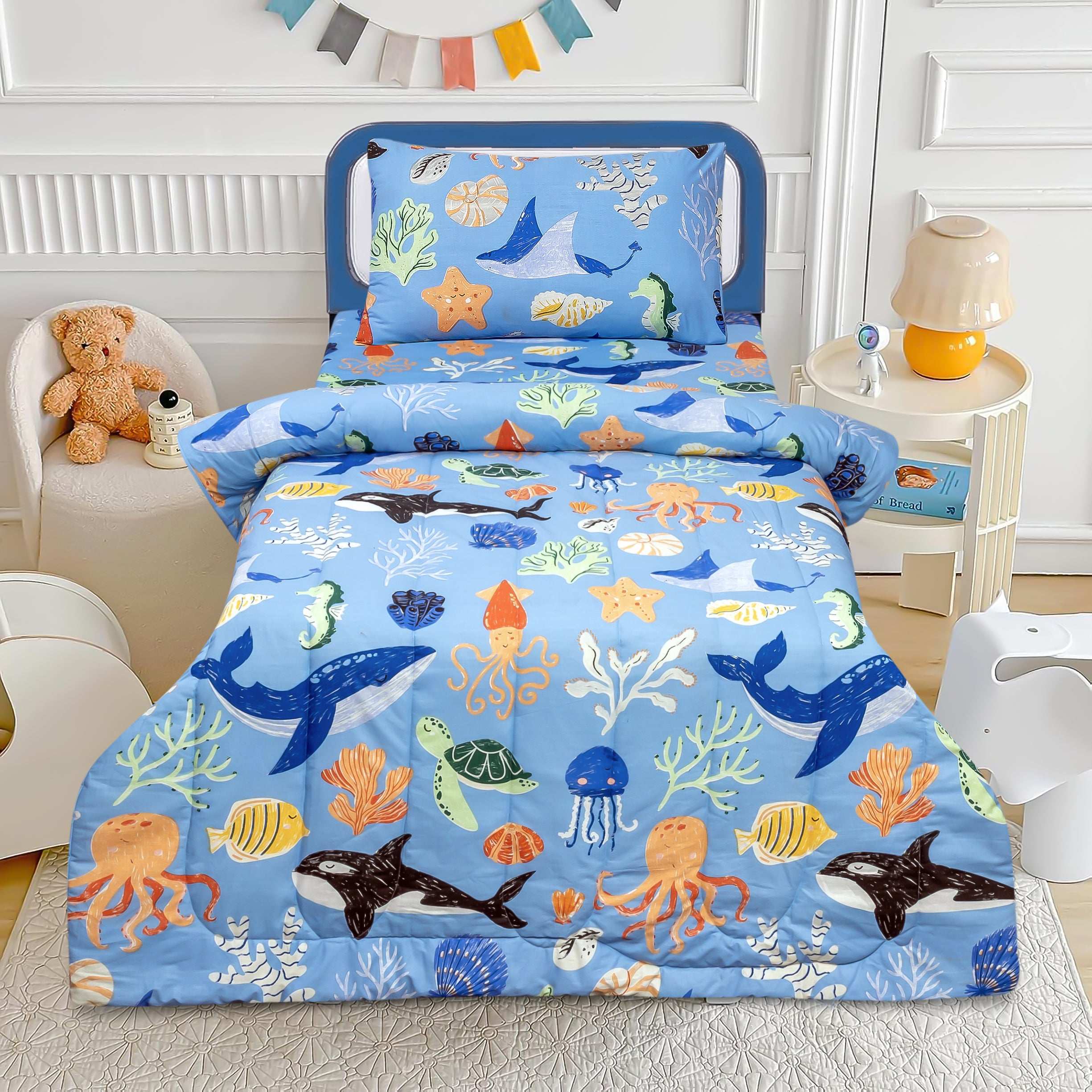 Blue Sea Life Bedding Set for Kids Quilted Comforter Pillow Cover