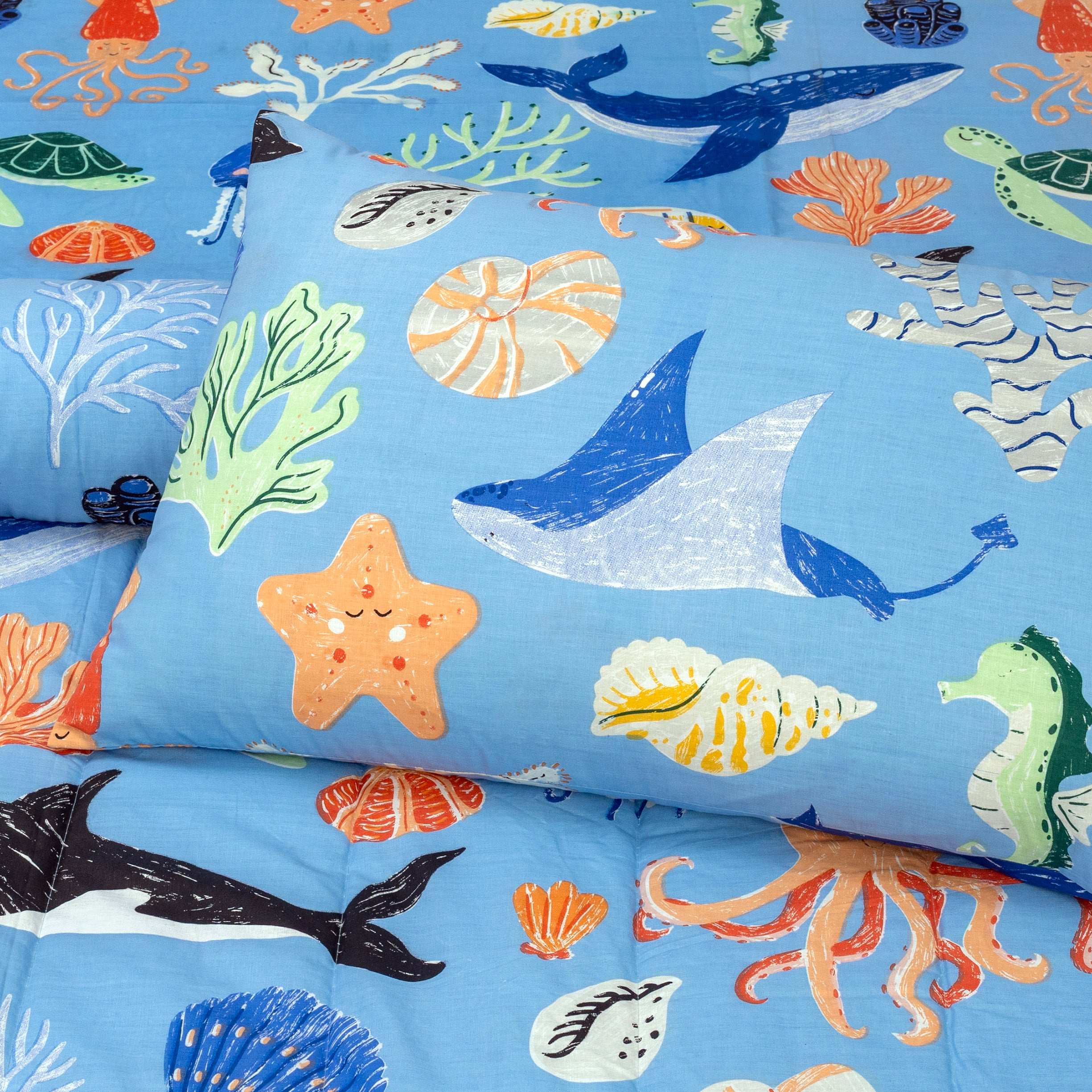 Blue Sea Life Bedding Set for Kids Quilted Comforter Pillow Cover