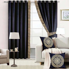 Alezam Velvet Grommet Curtains with Classic Greek Key Border - 2 Piece