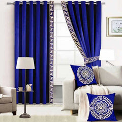 Alezam Velvet Grommet Curtains with Classic Greek Key Border - 2 Piece