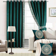 Alezam Velvet Grommet Curtains with Classic Greek Key Border - 2 Piece
