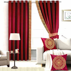 Alezam Velvet Grommet Curtains with Classic Greek Key Border - 2 Piece
