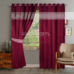 Luxury Velvet Curtains with Laser Applique Border - 2 Piece
