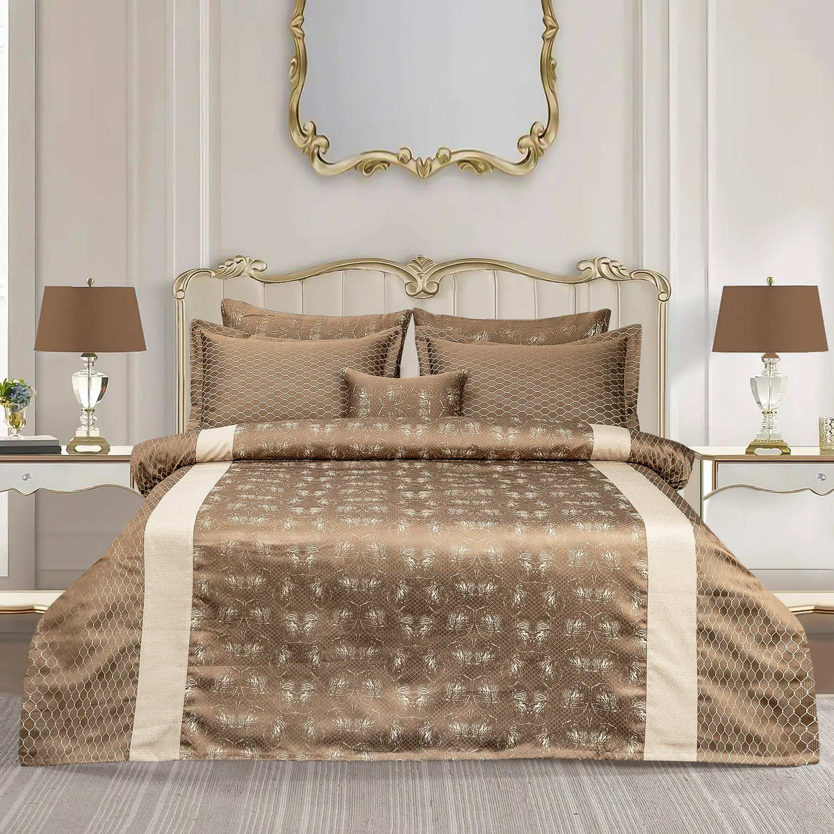 Luxury Satin Silk Jacquard Bed Sheet - 7 Pcs Brown King Size Bridal Set