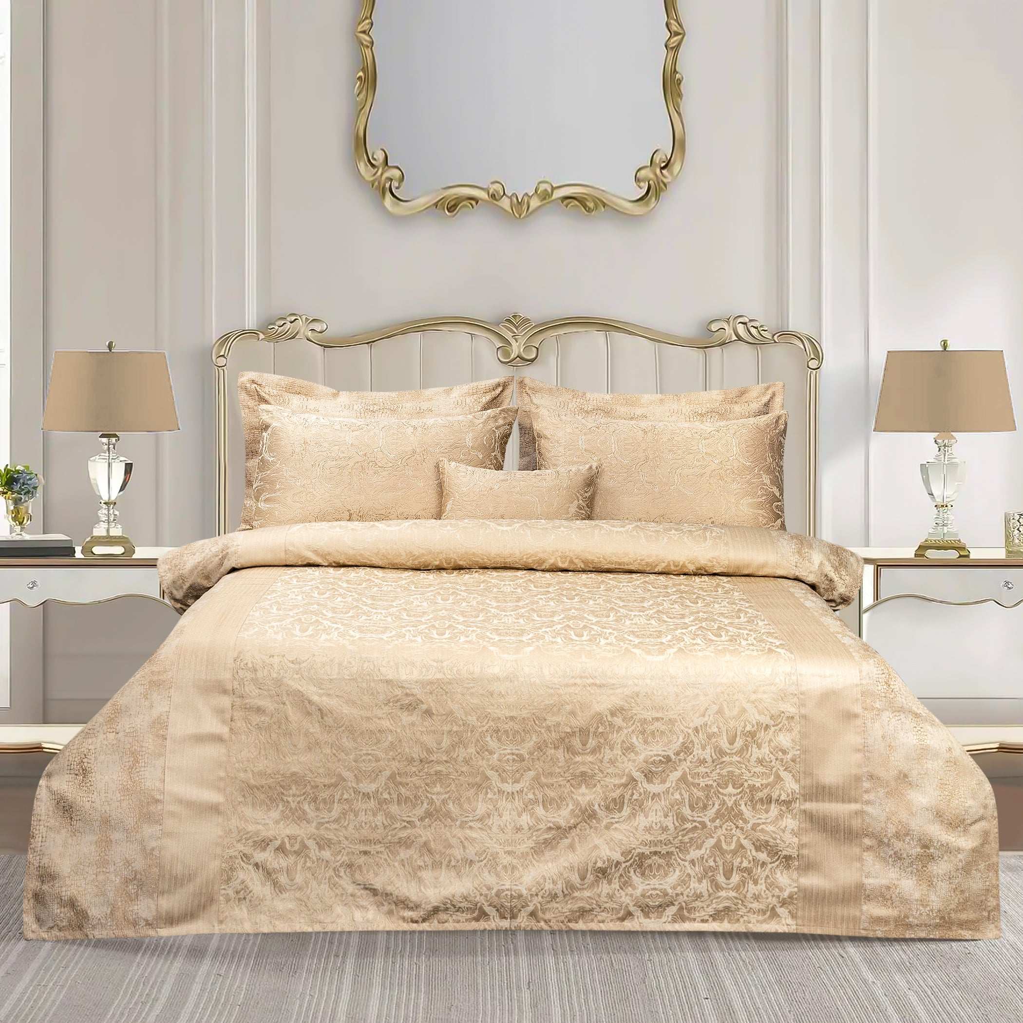 Luxury Satin Silk Jacquard Bed Sheet - 7 Pcs Skin King Size Bridal Set
