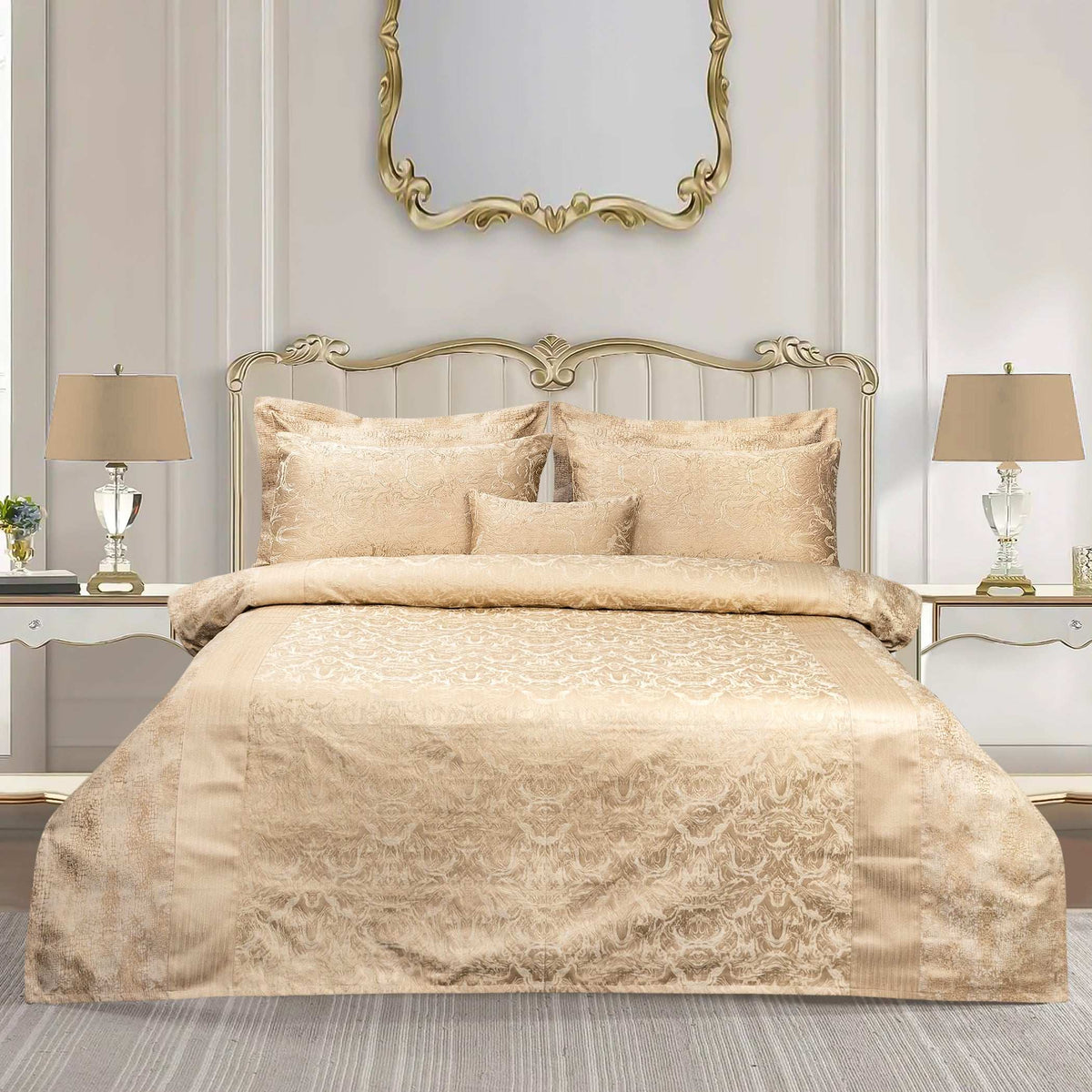 Luxury Satin Silk Jacquard Bed Sheet - 7 Pcs Skin King Size Bridal Set