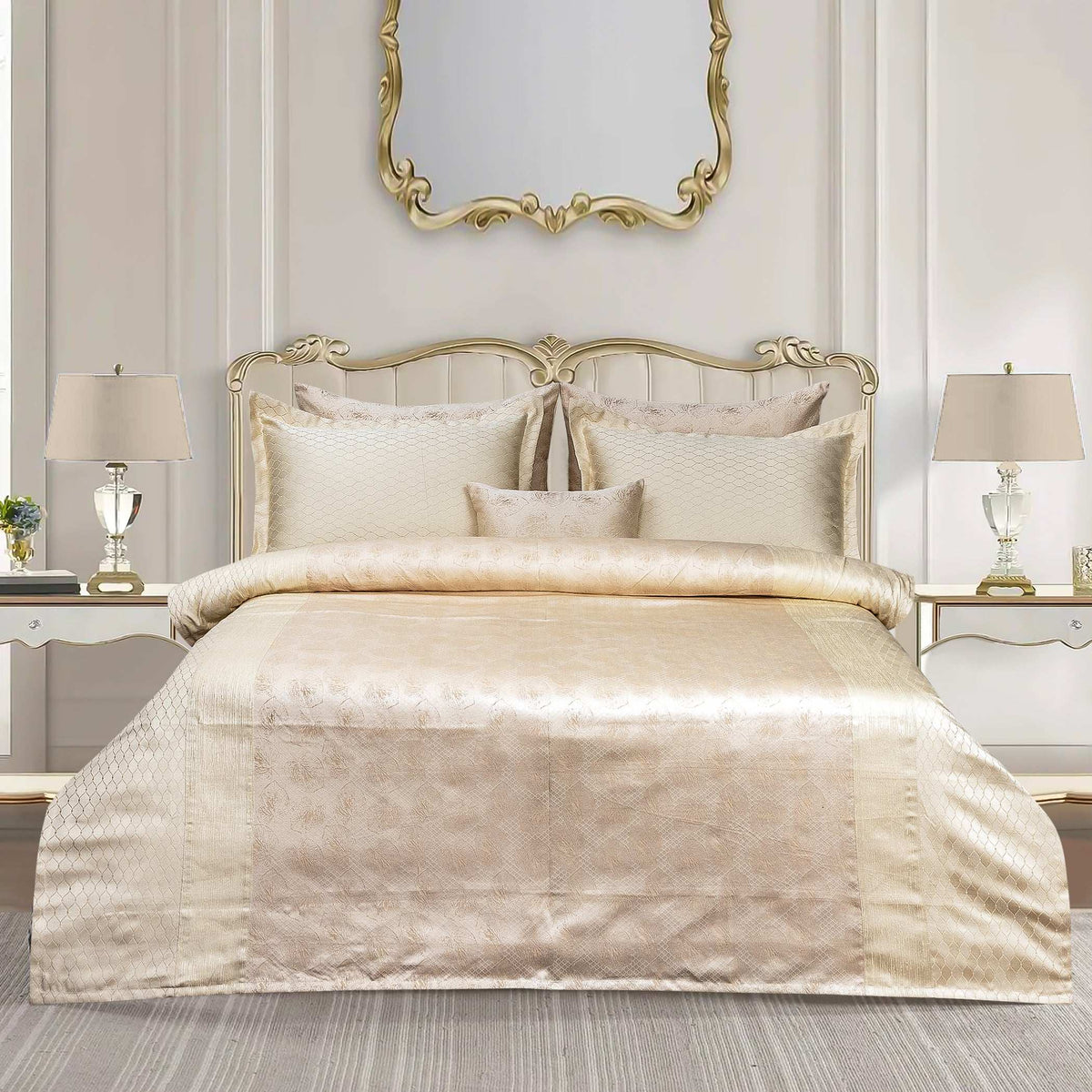 Luxury Satin Silk Jacquard Bed Sheet - 7 Pcs Off-white King Size Bridal Set