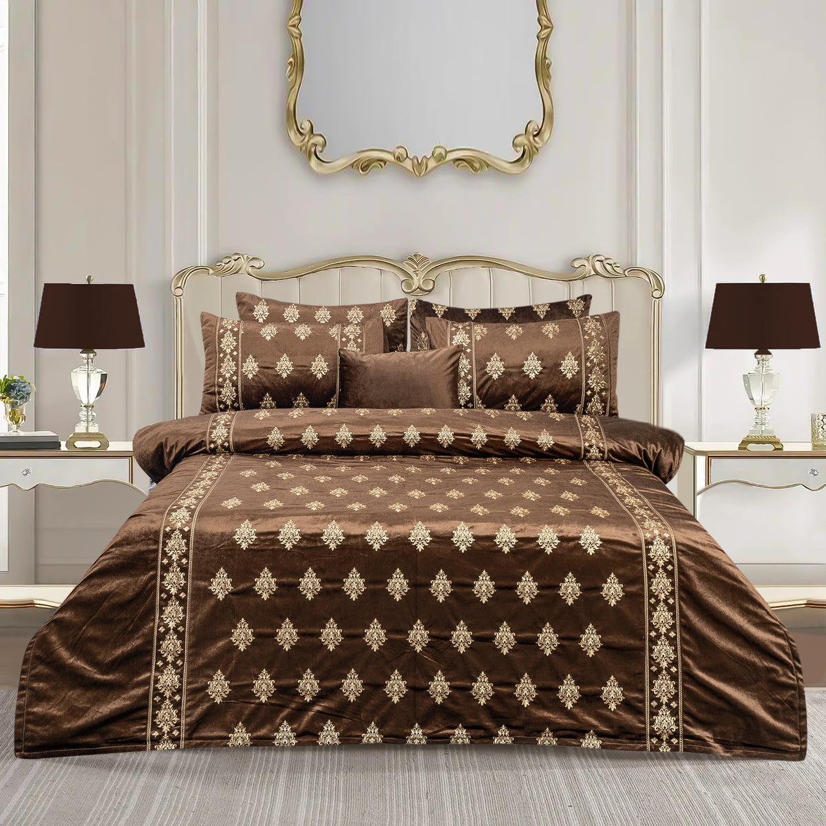 Luxury Velvet Duvet Embroidered King Size Bed Sheet -Brown 7 Pcs Set