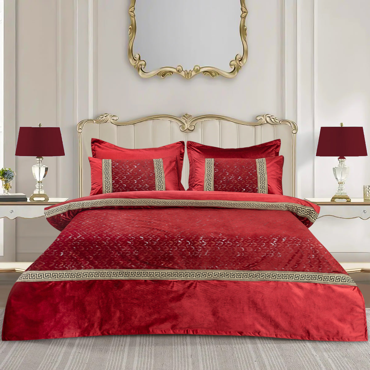 Imported Red Velvet Print Glittered 6 Pcs Bedsheet Set With Quilt Cover