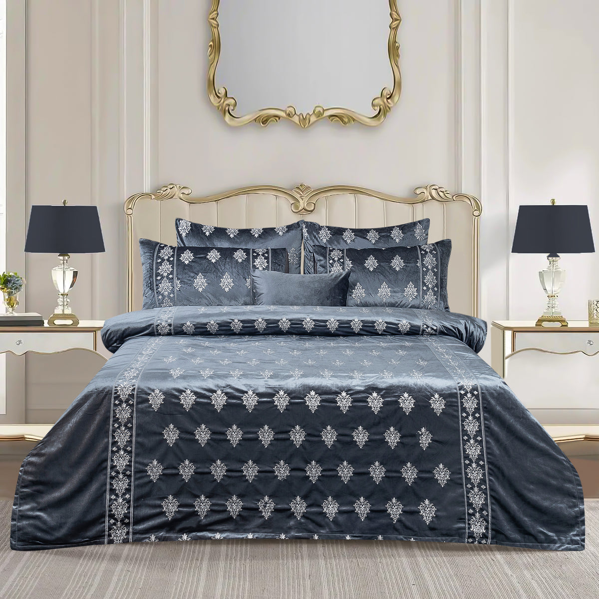 Luxury Velvet Duvet Embroidered King Size Bed Sheet -Gray 7 Pcs Set