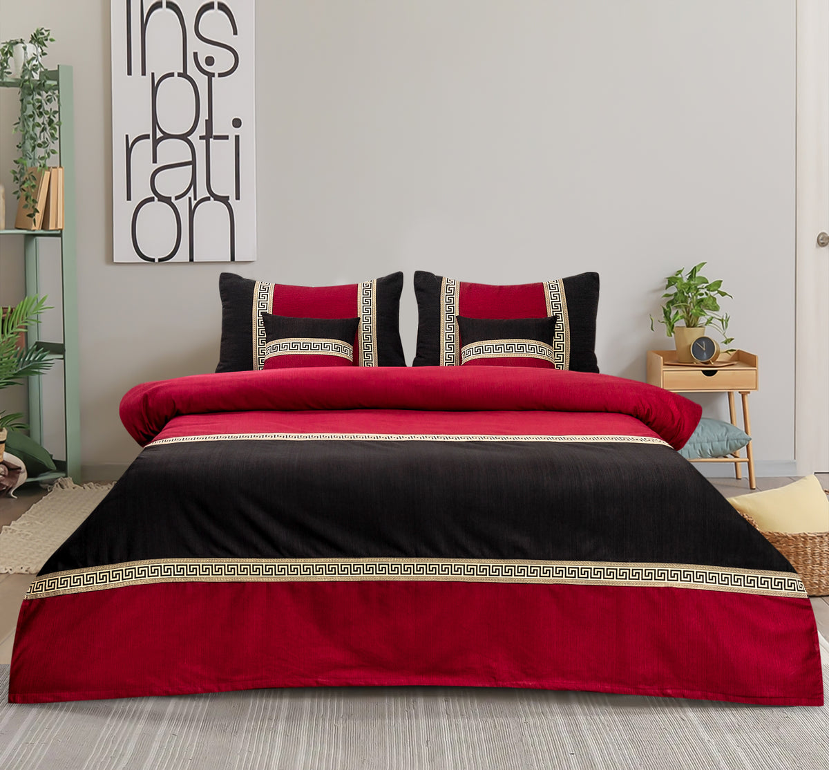 Jacquard Double Tone Red and Black 5 Piece Bedsheet Set