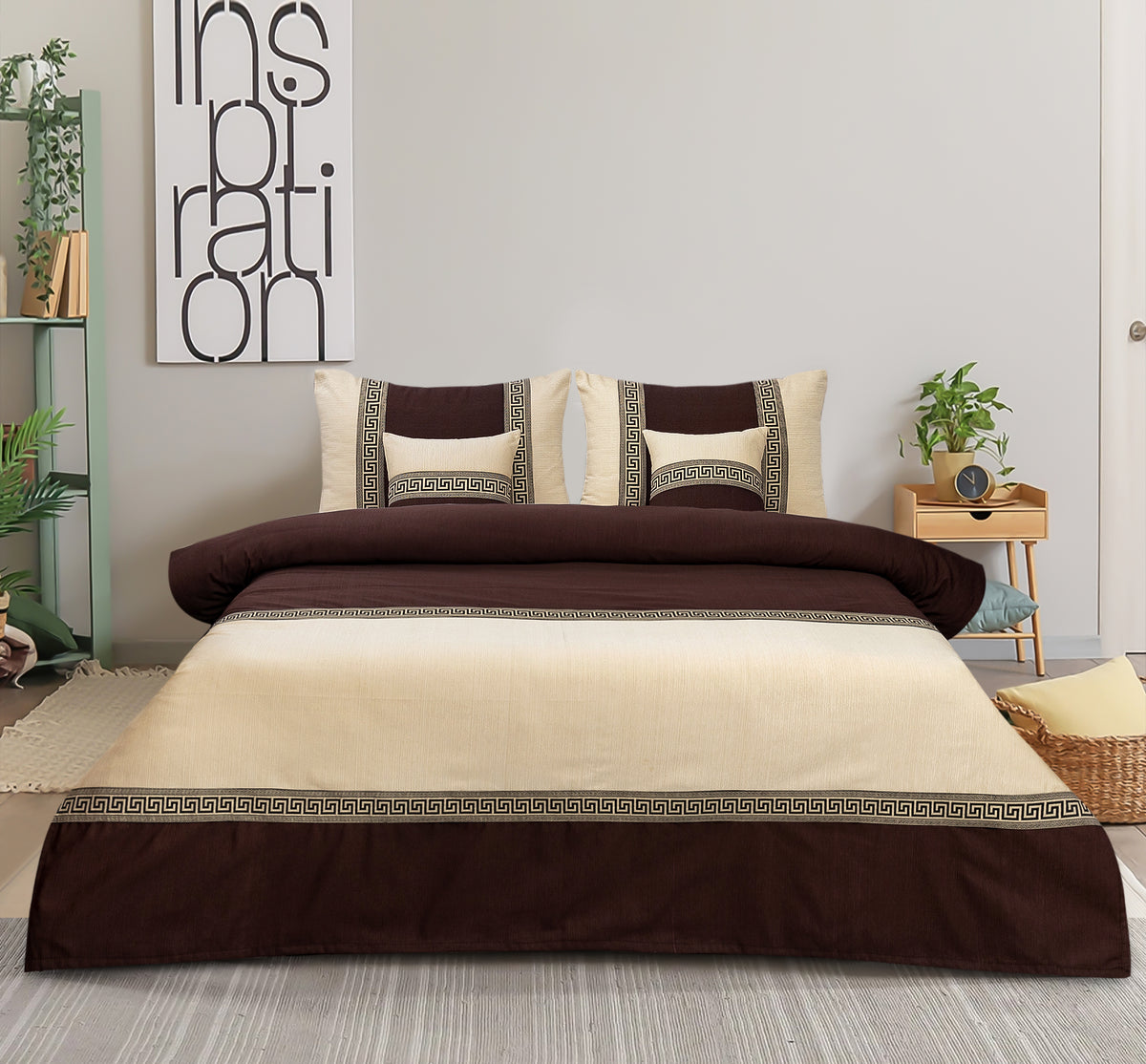 Jacquard Double Tone Brown and Skin 5 Piece Bedsheet Set