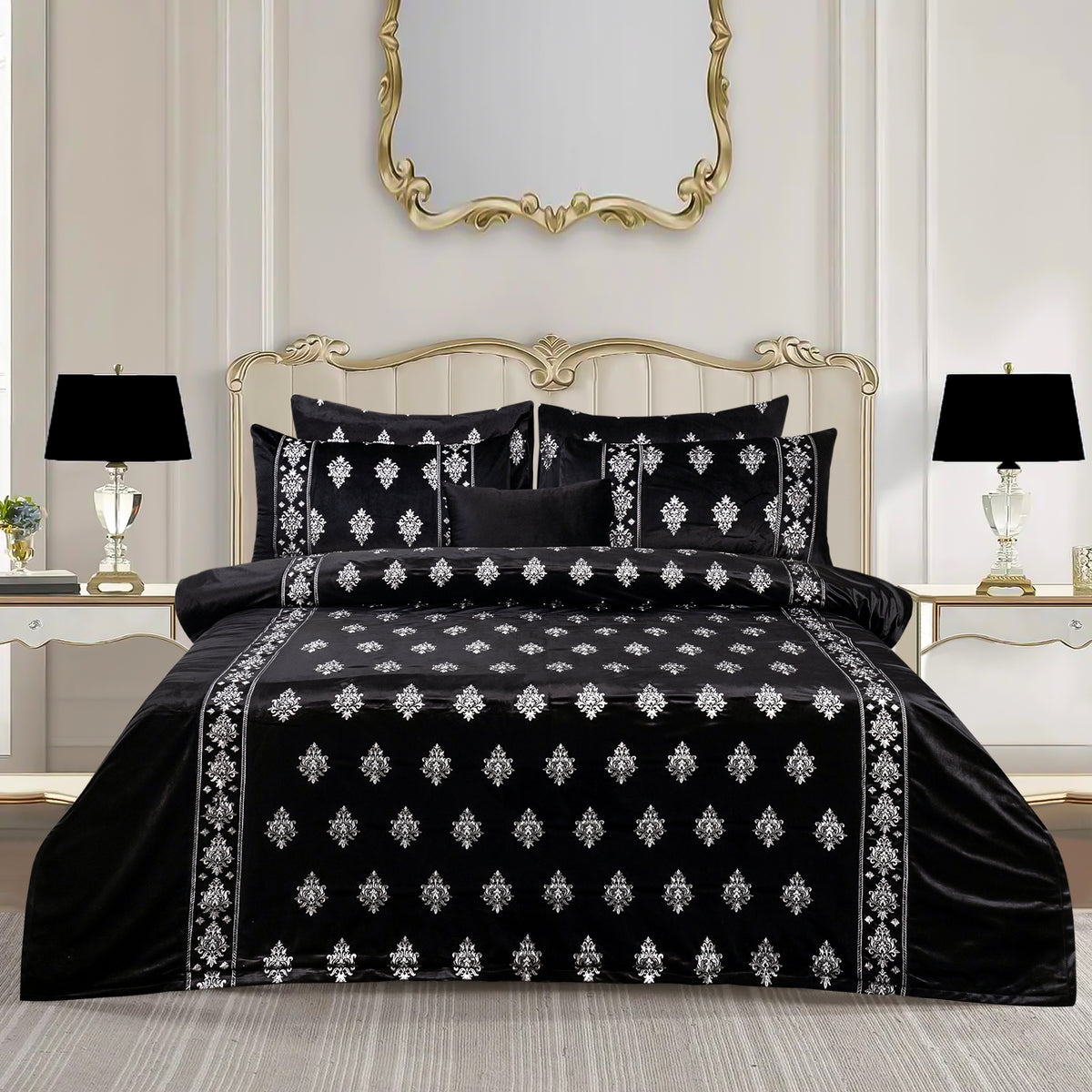 Luxury Velvet Duvet Embroidered King Size Bed Sheet -Black 7 Pcs Set