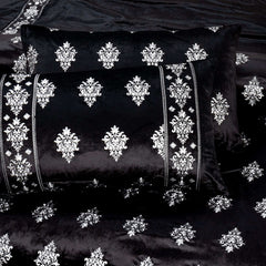Luxury Velvet Duvet Embroidered King Size Bed Sheet -Black 7 Pcs Set