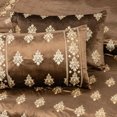 Luxury Velvet Duvet Embroidered King Size Bed Sheet -Brown 7 Pcs Set